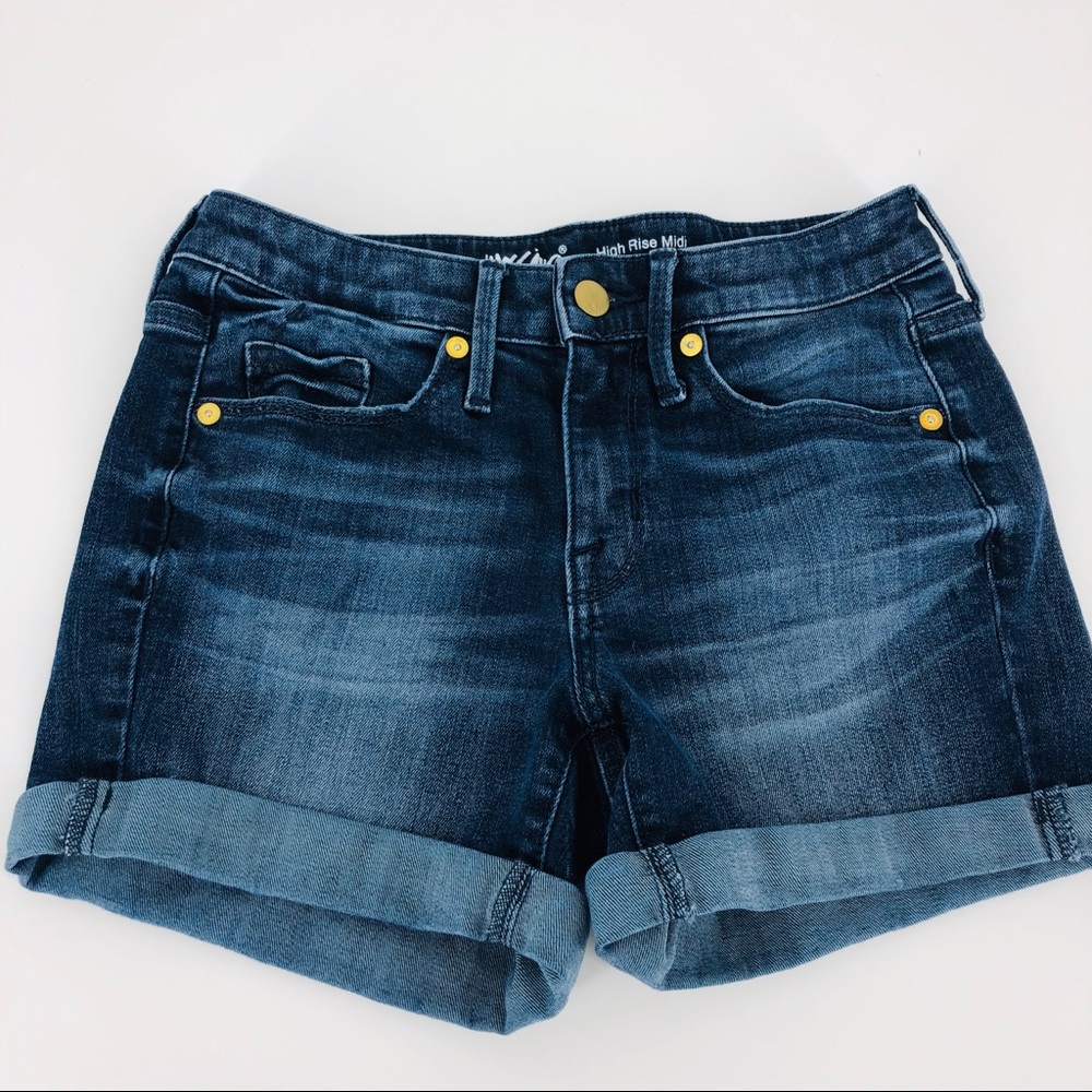 High Rise Midi Cuffed Dark Wash Jean Shorts